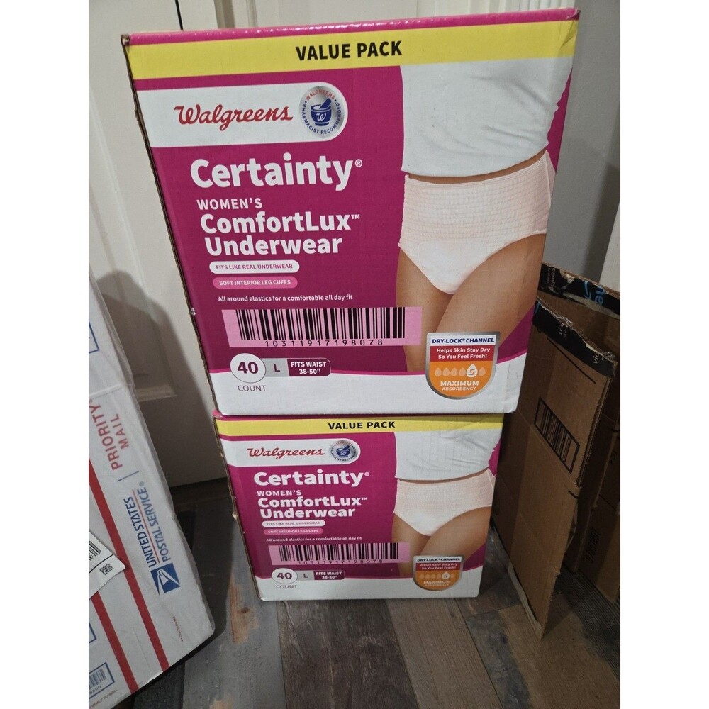 2 Boxes! Certainty SZ L Womens Underwear 40 Ct Max Absorbency FITS WAIST 38-50"